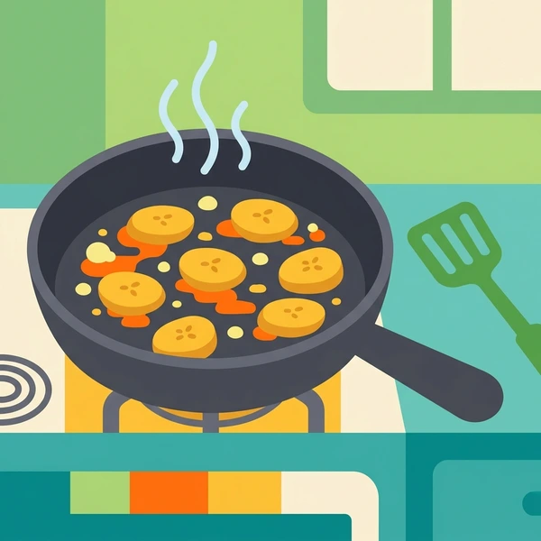 Plantain On Frying Pan scene showing sliced plantain rounds, caramelized brown edges, frying pan, and oil sizzle in a food coloring puzzle
