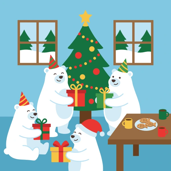 Family of four polar bears with party hats exchanging gifts near Christmas tree with windows showing snowy pines and table with cookies