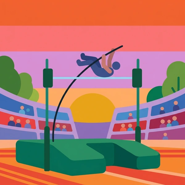 Pole vaulter clearing the bar at a stadium during sunset with orange pink and purple sky and green trees in background