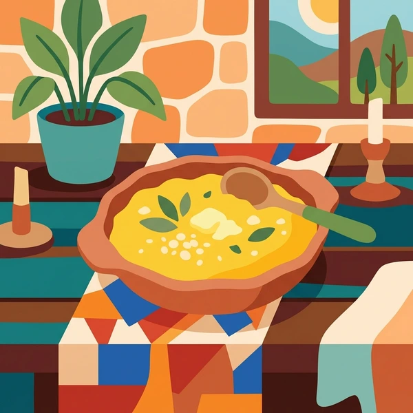 Polenta On Rustic Dish scene showing polenta mound, butter melt, herb garnish, and rustic boho serving dish in a food coloring puzzle