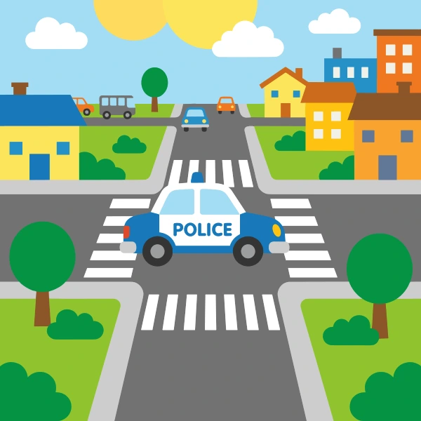 Blue and white police car at a crossroads zebra crossing with colorful suburban houses, other cars, green trees, and a bright yellow sun.