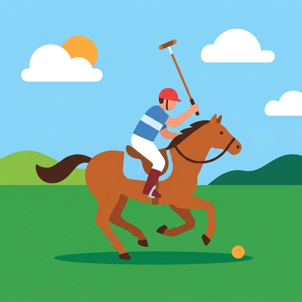 Polo player in white uniform and red helmet on brown horse holding raised mallet across green grass field and blue sky