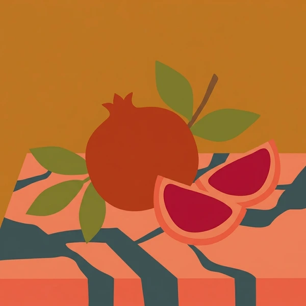 Pomegranate On Marble Counter scene showing pomegranate halves, ruby aril seeds, white pith membrane, and marble counter setting in a food coloring puzzle