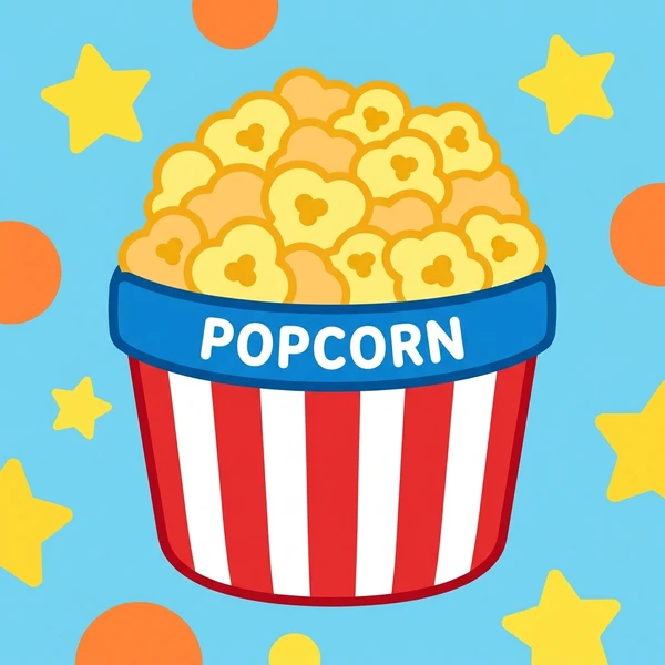 Popcorn In Movie Bucket scene showing popped popcorn, butter sheen, movie theater bucket, and cinema setting context in a food coloring puzzle