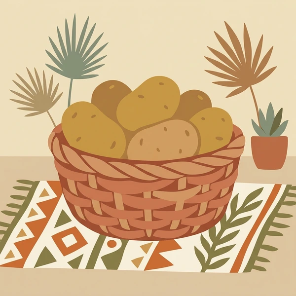 Potato In Rustic Basket scene showing potatoes, earthy skin texture, dirt flecks, and boho rustic basket in a food coloring puzzle