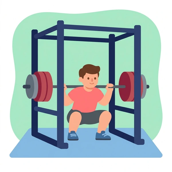 Powerlifter performing heavy squat in dark blue squat rack with loaded red and pink weight plates on barbell in gym setting