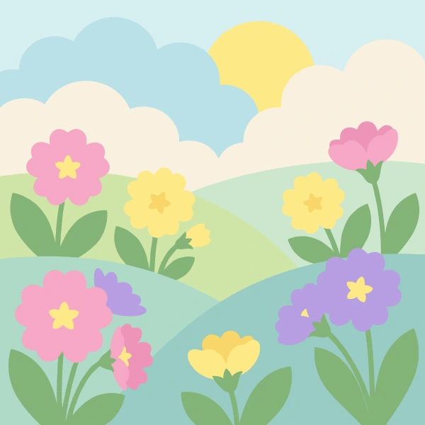 Pink, yellow, and purple primrose flowers with star-shaped petals scattered across rolling green meadow hills under a bright sunny sky