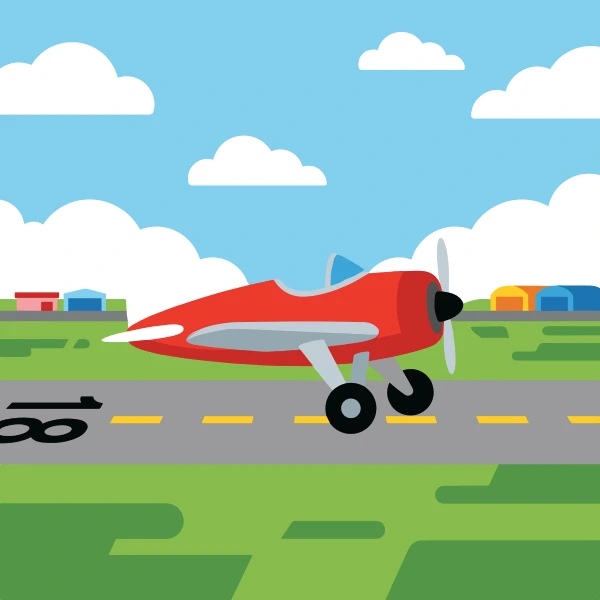 Red, gray, and coral propeller plane at an airport with terminal glass, runway pavement, or hangar buildings.