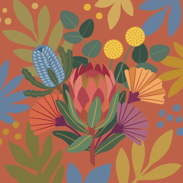 Pink king protea surrounded by blue banksia, yellow billy buttons, orange fan flowers, and varied tropical leaves on a warm terracotta background