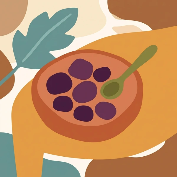 Prunes In Snack Dish scene showing dried prunes, wrinkled skin texture, glossy appearance, and boho snack dish in a food coloring puzzle