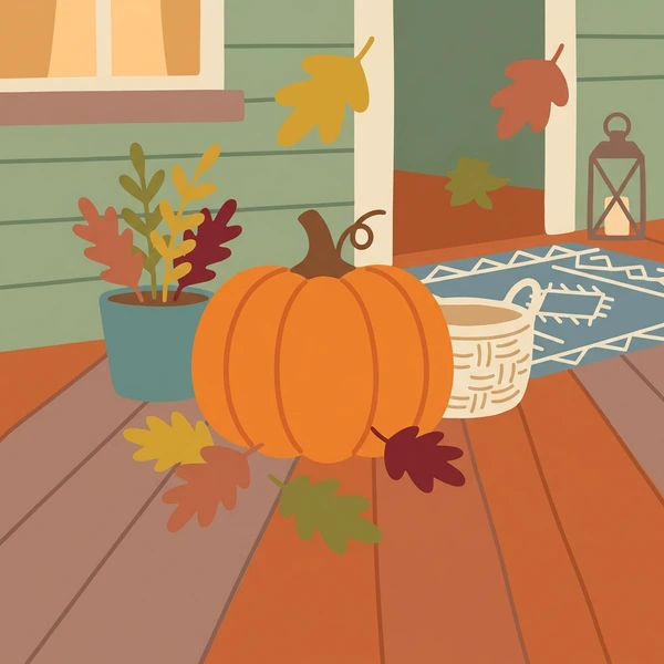 Pumpkin On Autumn Porch scene showing whole pumpkin, orange skin, ribbed surface, green stem, and autumn porch setting in a food coloring puzzle