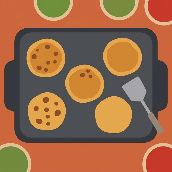 Pupusas On Griddle Plate scene showing pupusa corn cakes, golden griddle surface, cheese and bean filling, and cooking plate in a food coloring puzzle