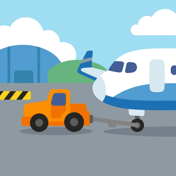 Orange, charcoal, and teal pushback tug at an airport with terminal glass, runway pavement, or hangar buildings.