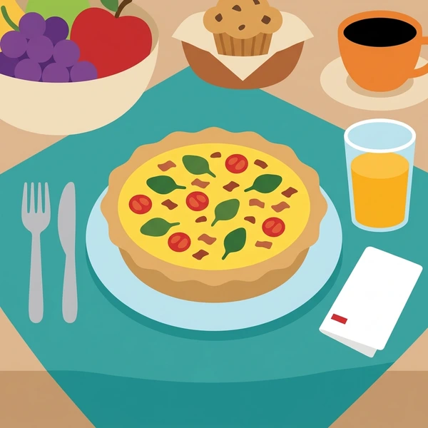 Quiche On Brunch Table scene showing quiche tart, flaky pastry crust, custard filling, vegetable or bacon inclusions, and plate in a food coloring puzzle