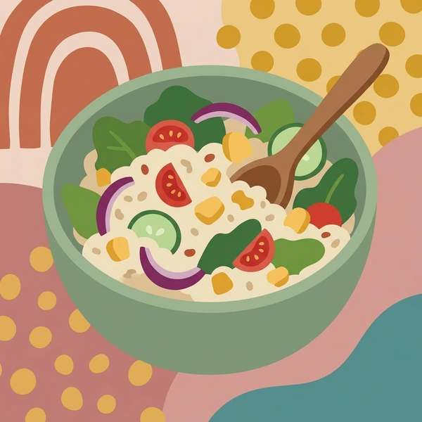 Quinoa In Salad Bowl scene showing quinoa grain base, herb greens, vegetables, dressing, and boho bowl setting in a food coloring puzzle