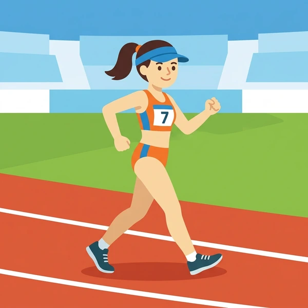 Female race walker in orange athletic wear with competition bib mid-stride on red track lane with green infield and blue bleachers