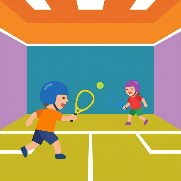 Young player in bright orange shirt hitting glowing yellow racquetball in indoor court with teal purple walls and lime green floor under stadium lights