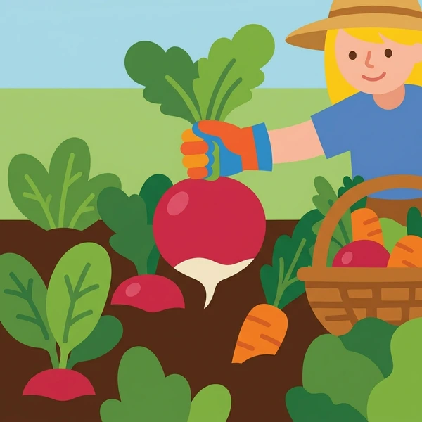 Radish In Garden Harvest scene showing radish vegetables, bright red-pink skin, white bottom tip, green feathery tops, and harvest basket in a food coloring puzzle
