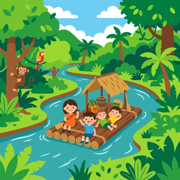 Grass green, brown, and leaf green raft beside blue water with green banks, trees, and a wide bright sky.