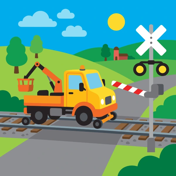 Mustard yellow, charcoal, and orange railroad maintenance vehicle beside blue water with green banks, trees, and a wide bright sky.