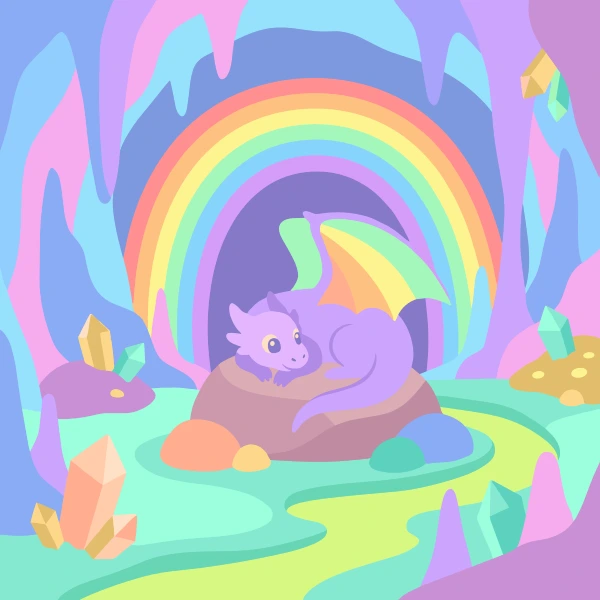 Cute purple baby dragon sitting in a pastel cave with a rainbow and colorful crystals