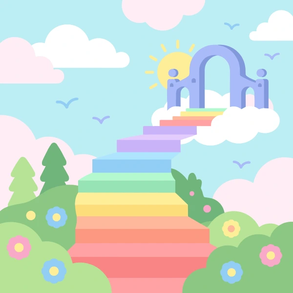 Rainbow colored staircase leading up to an archway in the clouds with flowers and birds