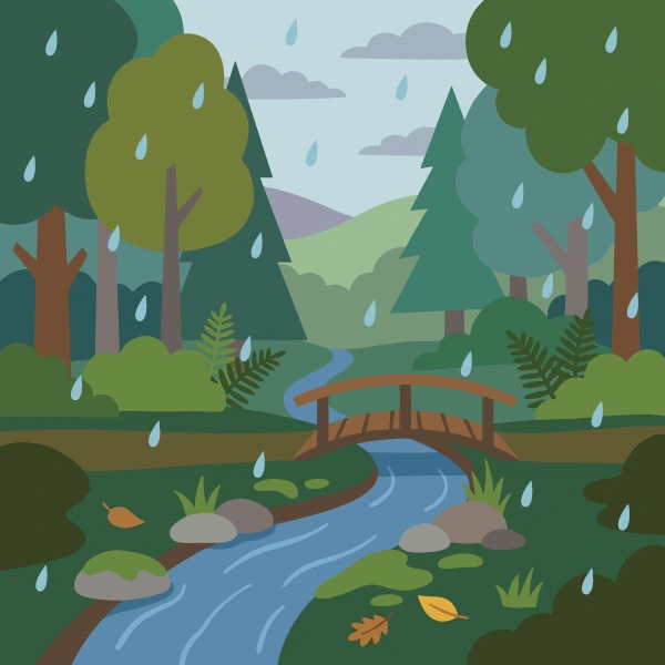 Rainy Forest with Wooden Bridge free printable jigsaw puzzle & coloring page