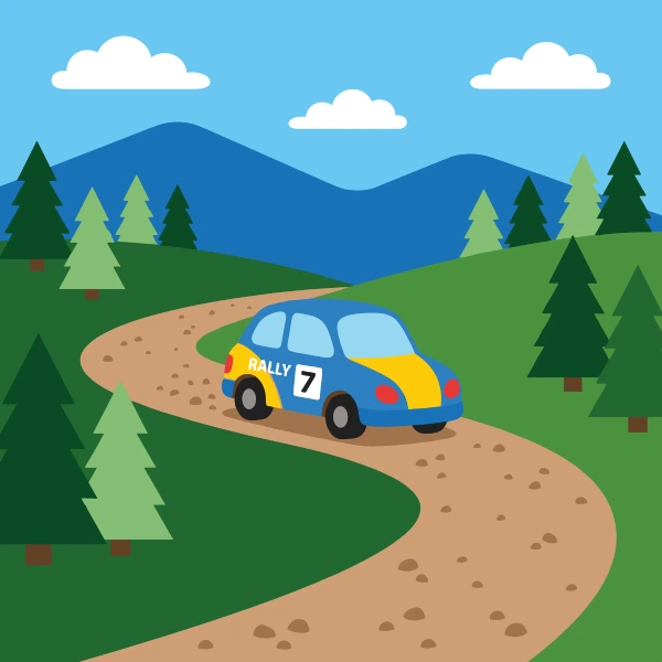 Rally car on gravel bend with mustard yellow and brown body tones, teal accents, and sky blue background.