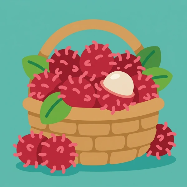 Rambutan In Fruit Basket scene showing rambutan fruits, red hairy shells, green-tipped spines, translucent white interior, and basket setting in a food coloring puzzle