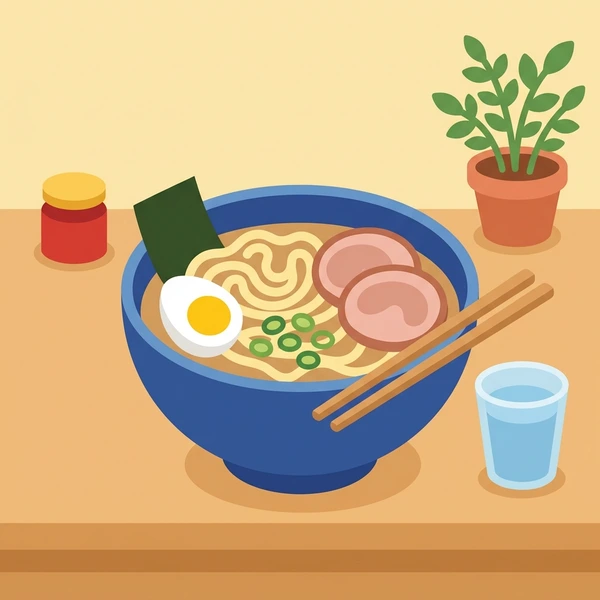 Ramen On Counter scene showing ramen bowl, broth, noodle tangle, topping variety, pork, egg, nori, and kitchen counter in a food coloring puzzle