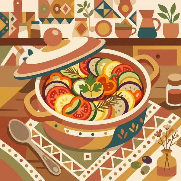 Ratatouille In Casserole Dish scene showing sliced tomato, zucchini, eggplant, squash rounds, herb oil, and casserole dish in a food coloring puzzle