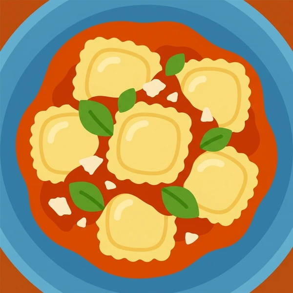 Ravioli In Sauce scene showing ravioli squares, crimped pastry edges, tomato sauce pool, parmesan, and dinner plate in a food coloring puzzle