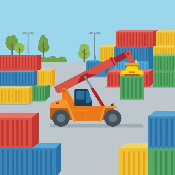 Orange reach stacker with a red diagonal boom arm lifting a green shipping container in a container yard surrounded by tall stacks of red, blue, yellow, and green containers.