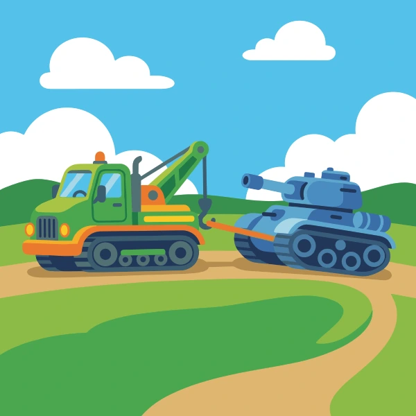 Recovery vehicle towing tank in forest green, navy blue, and tan in a colorful setting, with turquoise sky and leaf.