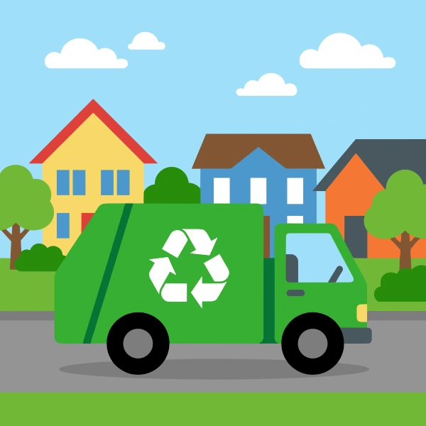 Forest green, earth brown, and teal recycling truck in front of colorful buildings, storefronts, signs, and clean pavement.
