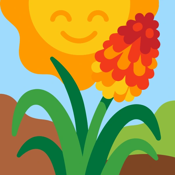 Red, orange, and yellow torch-shaped red hot poker flower on tall green stem beside a smiling cartoon sun in a brown garden bed
