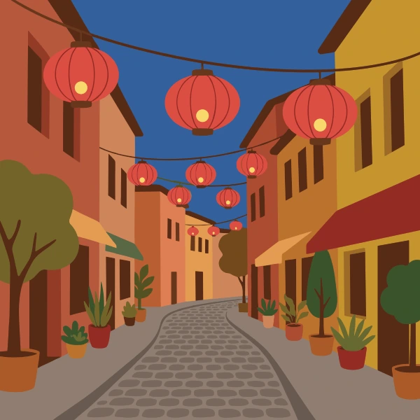 Street lined with red paper lanterns and traditional buildings with cobblestone path, potted plants, and evening blue sky