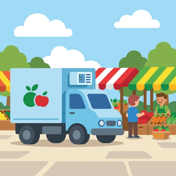 Sky blue, brown, and teal refrigerated truck in front of colorful buildings, storefronts, signs, and clean pavement.