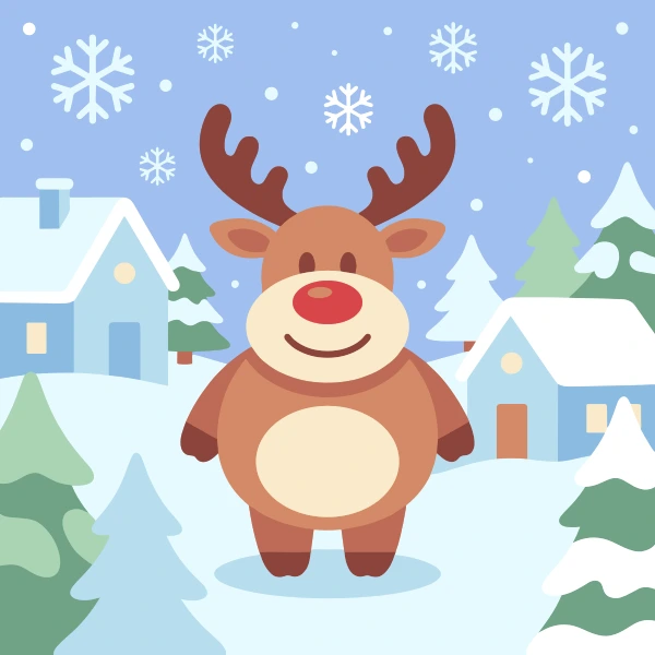 Cute cartoon reindeer with red nose standing in snowy village with blue houses, pine trees, and falling snowflakes