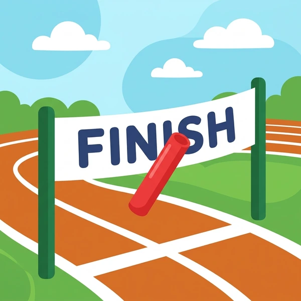 Red relay baton crossing white finish line banner on orange running track with green grass and blue sky in background