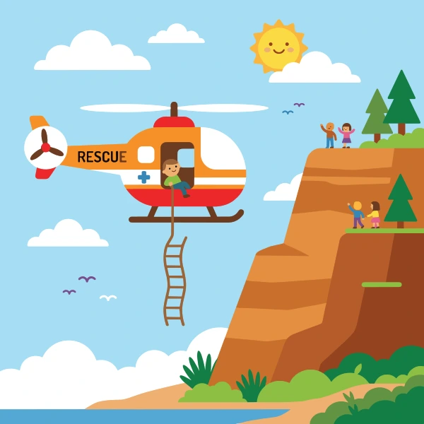 Orange, brown, and red rescue helicopter among trees, hills, or mountains with a winding path or river nearby.