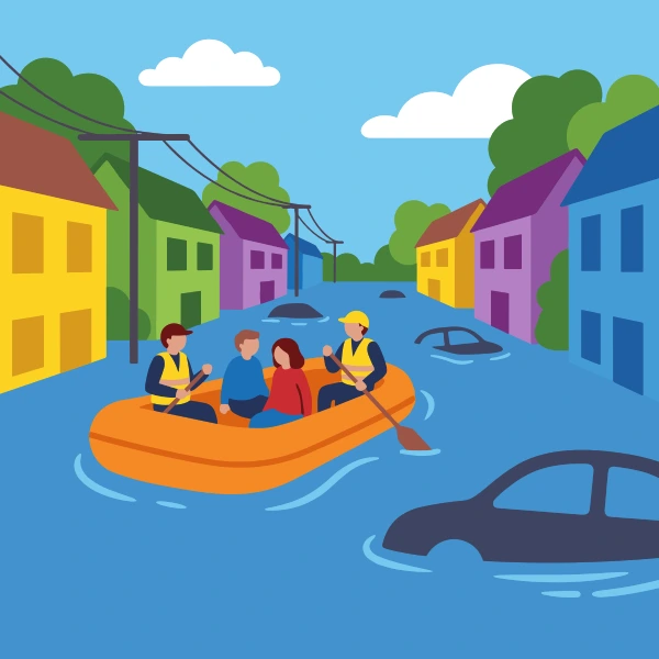 Orange, gray, and deep blue rescue raft beside blue water with green banks, trees, and a wide bright sky.