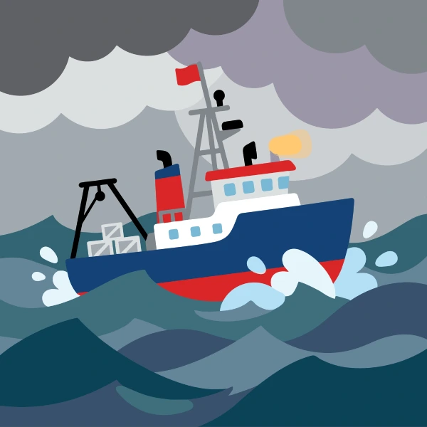 Red, light gray, and mint green research vessel crossing dark rough water under gray storm clouds and foamy waves.