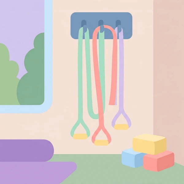 Three resistance bands in mint green, coral pink, and lavender purple hanging from wall-mounted bar in cream-walled wellness studio