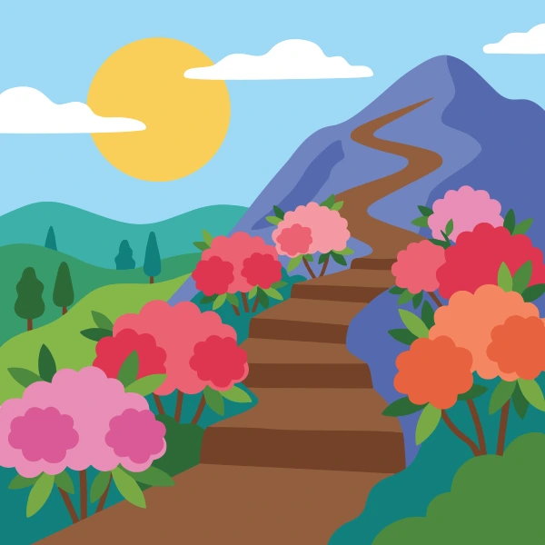 Pink, red, and orange rhododendron flower clusters lining a stepped dirt path climbing up a purple mountain with green hills and a golden sun