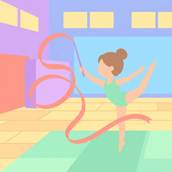 Female gymnast performing rhythmic gymnastics with flowing coral pink ribbon in practice hall with mint green walls and wooden floor