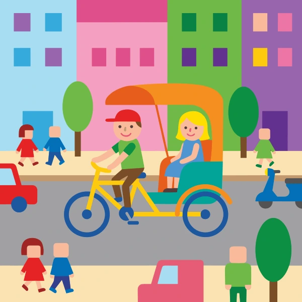 Sun yellow and red rickshaw in front of colorful buildings, storefronts, signs, and clean pavement.