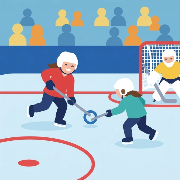 Three young ringette players on blue ice rink in red and yellow jerseys with goalie and spectator stands visible in background