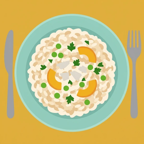 Risotto On Dinner Plate scene showing risotto mound, creamy grain texture, parmesan topping, herb garnish, and dinner plate in a food coloring puzzle