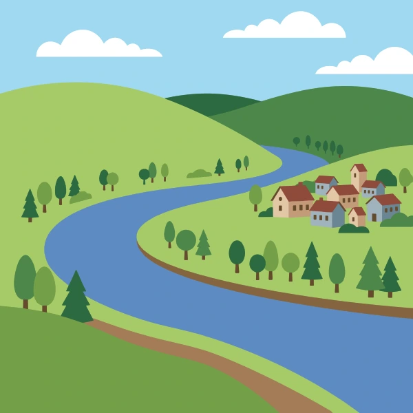 Winding blue river curving through a green countryside with a charming village of red-roofed houses and trees